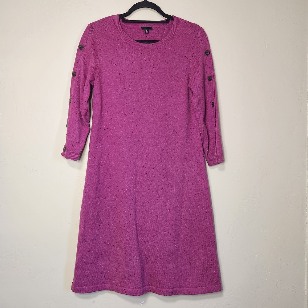 Talbots Kitty Tweed‎ Open Neck Sweater Dress Button Accents Size Medium Pink